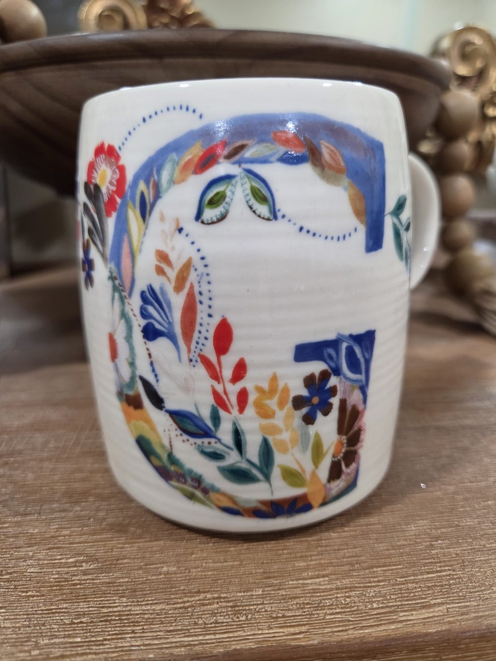 Anthropologie White Ceramic Monogram "G" Floral Mug